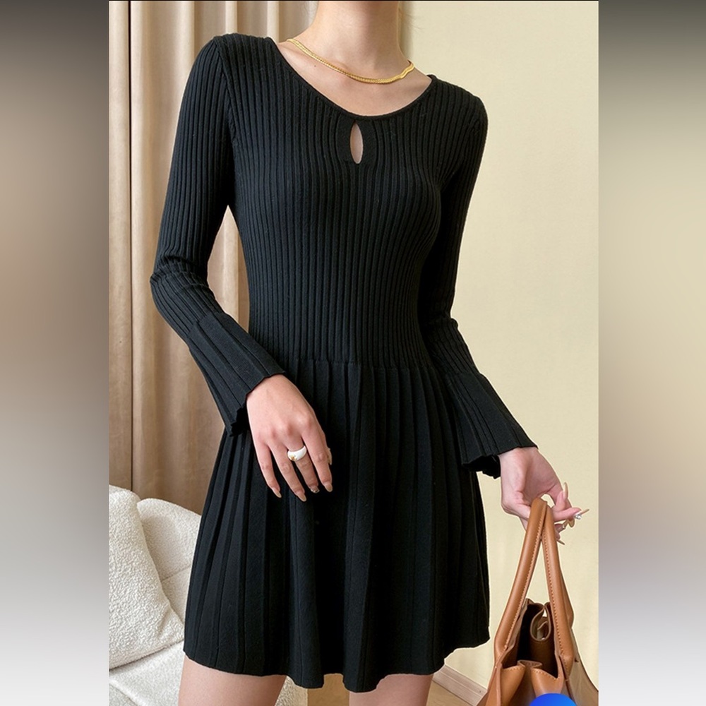 FIT-AND-FLARE PLEATED KNIT MINI DRESS